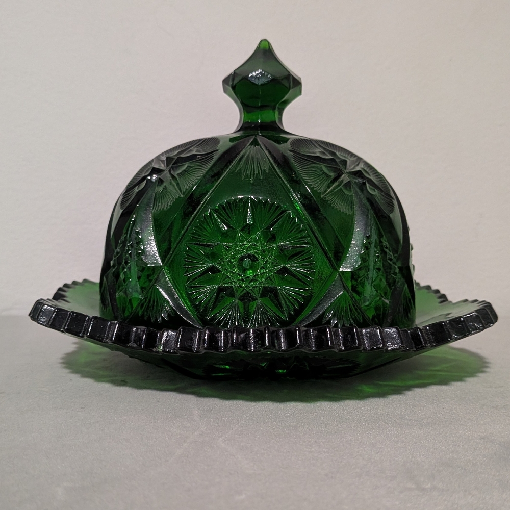 Vintage Kemple Emerald Green Glass Dome Butter Dish